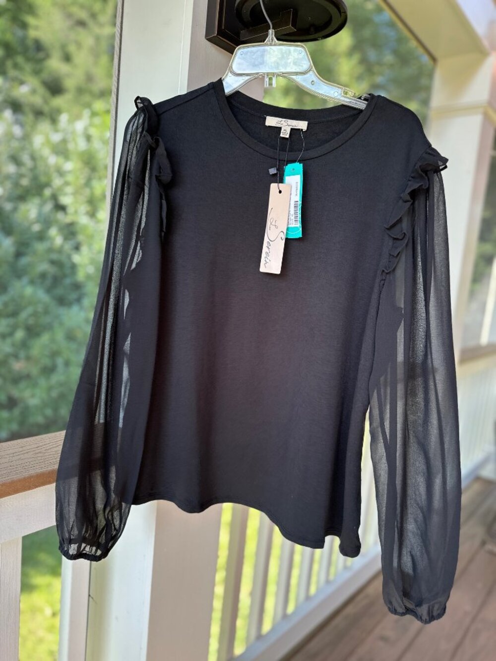 Stitch Fix Black Burgas Ruffle Detail Knit Top Sheer Sleeves Les Serein Size XL